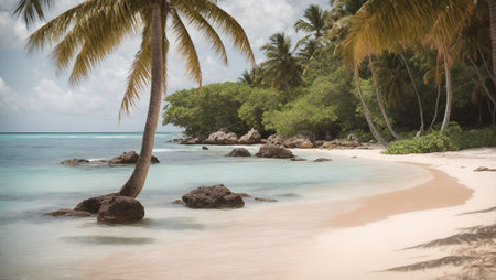 Tropical beach with palm trees at Seychelles.の写真素材