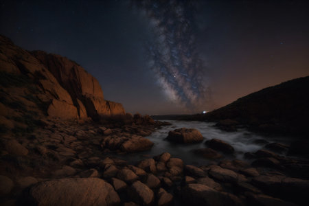 Milky Way over the river at night with rocks and milky wayの写真素材