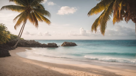 Tropical beach with coconut palm trees at Seychellesの写真素材