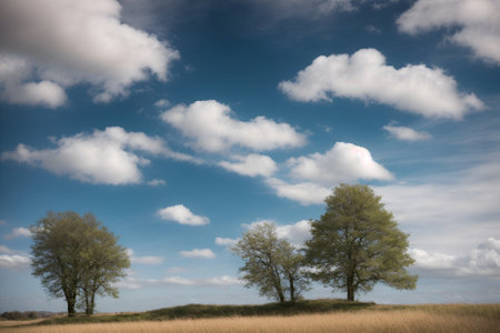 Two trees on a meadow under a blue sky with white cloudsの写真素材