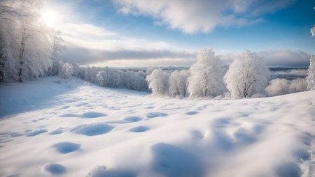 Beautiful winter landscape with snow covered trees and blue sky with cloudsの写真素材