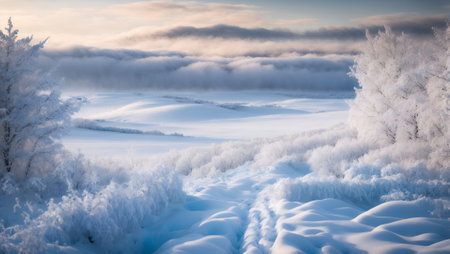 Winter landscape. Frosty morning in the mountains. Panoramic view.の写真素材