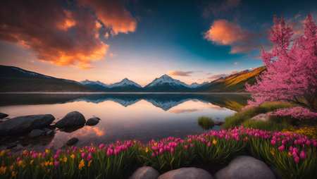 Beautiful spring landscape. Colorful sunrise over a mountain lake with flowers.の写真素材