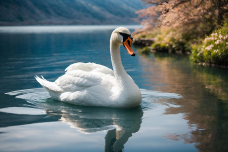 Beautiful white swan swimming on the lake in spring time.の写真素材