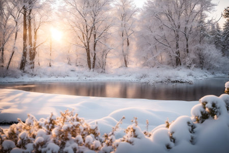 Beautiful winter landscape with river and trees in hoarfrost.の写真素材