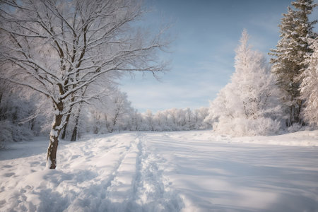 Beautiful winter landscape with trees covered with hoarfrost and snowの写真素材