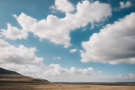 Grassland under blue sky with white clouds. Landscape.の写真素材