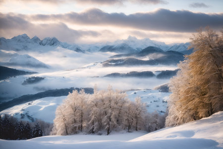 Beautiful winter landscape with snow covered trees on the background of mountainsの写真素材