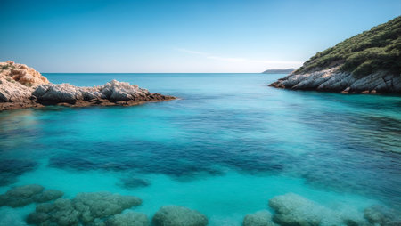 Beautiful seascape with turquoise sea and rocky coastの写真素材