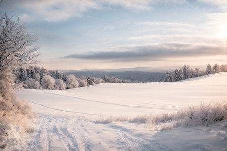 Beautiful winter landscape with snow covered trees and road at sunset.の写真素材