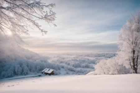 Beautiful winter landscape with hoarfrost on trees and small houseの写真素材