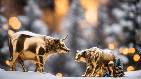 golden deer and bear on snow in winter forest with bokehの写真素材