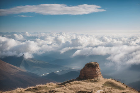 Panoramic view from the top of a mountain with clouds and blue skyの写真素材