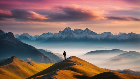 Woman standing on top of a mountain in the morning. Beautiful mountain landscape.の写真素材