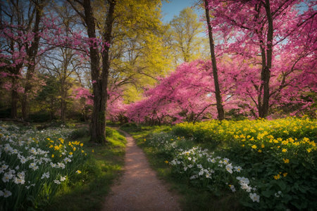 Spring garden with blooming daffodils and cherry blossomsの写真素材
