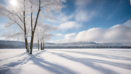Winter landscape with snow covered trees and blue sky. Panoramic view.の写真素材