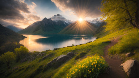 Mountains and lake at sunset. Beautiful natural landscape. Panoramaの写真素材