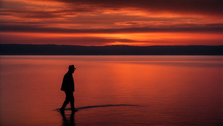 Silhouette of a man standing in the water at sunset.の写真素材