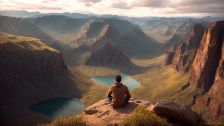 Man sitting on the top of a mountain and looking at the lakeの写真素材