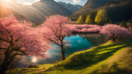 Beautiful spring landscape with pink sakura blossoms in the mountainsの写真素材