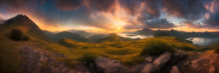 Panorama of a beautiful sunset in the mountains. Panoramic viewの写真素材
