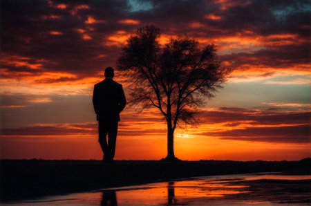 Silhouette of a man standing in front of a tree at sunsetの写真素材