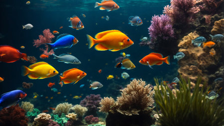 Tropical fish in the aquarium. Underwater world with corals and tropical fish.の写真素材