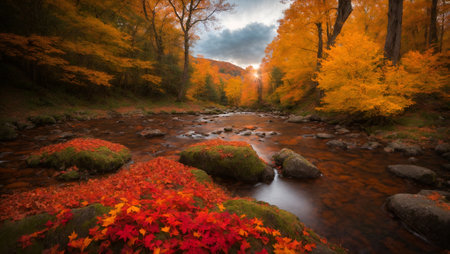 Autumn landscape with a river in the forest. Beautiful autumn landscape.の写真素材