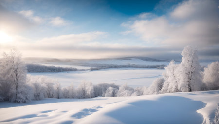 Winter landscape with snow covered trees and foggy mountains. Panoramaの写真素材
