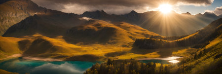 panoramic view of alpine lake and mountains in autumn at sunsetの写真素材