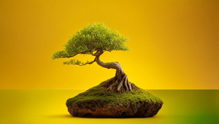 bonsai tree on a yellow background. 3d render image.の写真素材