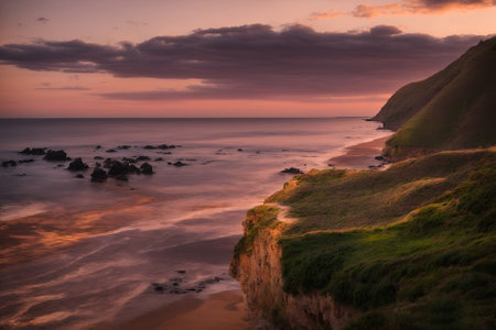Sunset at Polzeath Cliffs, Cornwall England UK Europeの写真素材