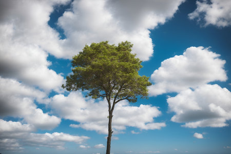 Tree on the background of blue sky with white clouds. Nature composition.の写真素材