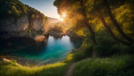 Beautiful summer landscape with emerald green lake and forest at sunsetの写真素材