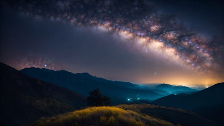 Milky Way over the mountains at night with starry sky.の写真素材