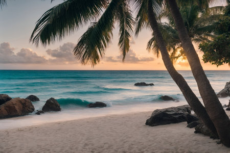 Beautiful tropical beach with coconut palm tree and sand at sunset timeの写真素材