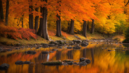 Autumn forest and river with reflection in water. Beautiful autumn landscapeの写真素材