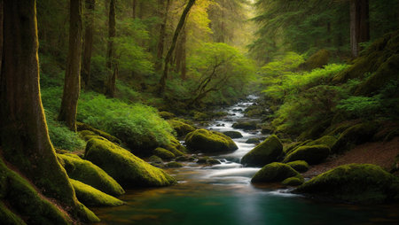 Mountain stream in the green forest at sunrise. Long exposure.の写真素材