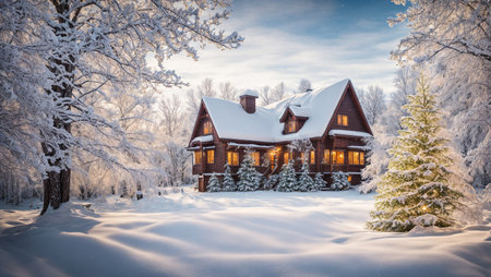 Beautiful wooden house in winter forest with snow covered trees. Winter landscape.の写真素材