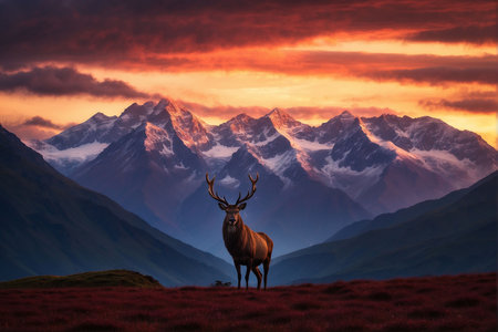 Majestic red deer stag in the meadow with mountains at sunsetの写真素材