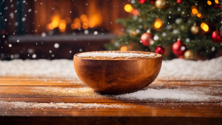 Wooden bowl with sugar on the background of Christmas tree and fireplaceの写真素材