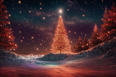 Fantastic christmas tree in snowy forest. 3d renderingの写真素材
