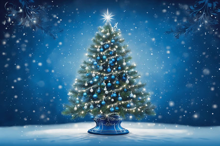 Christmas tree with snowflakes and blue baubles on blue backgroundの写真素材