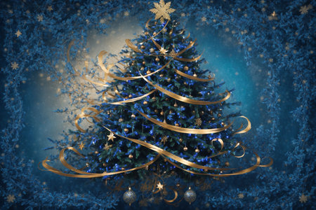 Christmas tree with golden ornaments on blue bokeh backgroundの写真素材