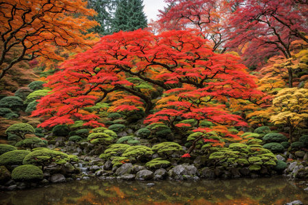 Japanese garden with red maple tree in autumn season, Kyoto, Japanの写真素材