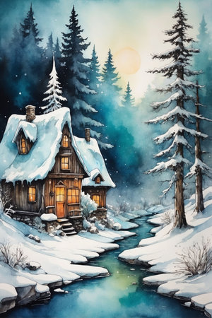Beautiful wooden house in winter forest. Watercolor painting. Winter landscape.の写真素材