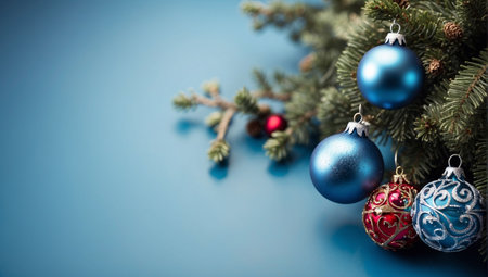 Christmas tree branch with blue and red baubles on blue backgroundの写真素材