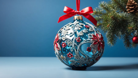 Blue christmas ball with red ribbon and fir branch on blue backgroundの写真素材