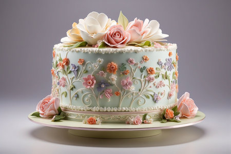 Cake with flowers on a plate on a gray background. Studio photography.の写真素材