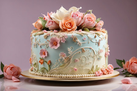 Wedding cake with flowers and roses on a pink background.の写真素材
